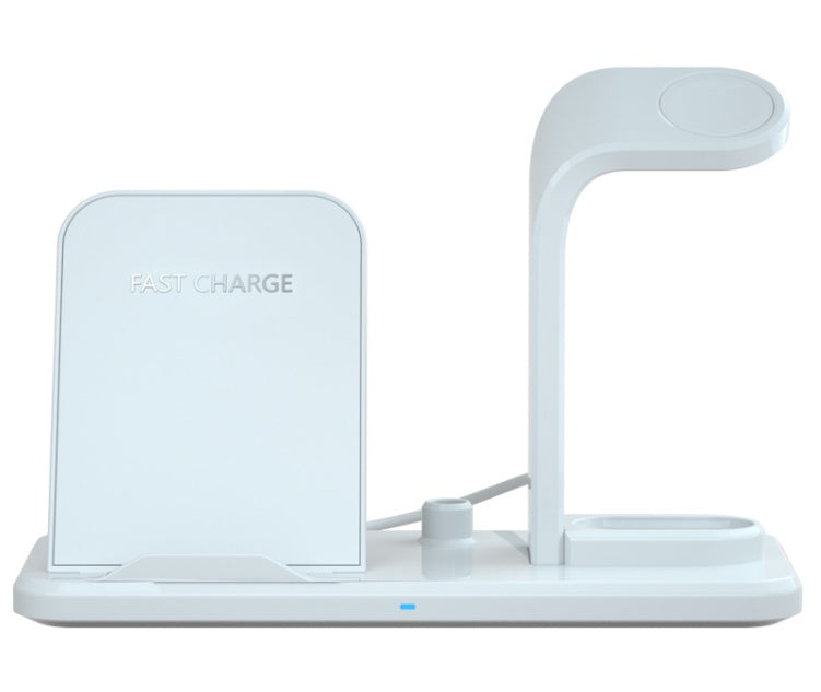 White multi-device wireless charger with fast charge pad, earbuds stand, and blue indicator light