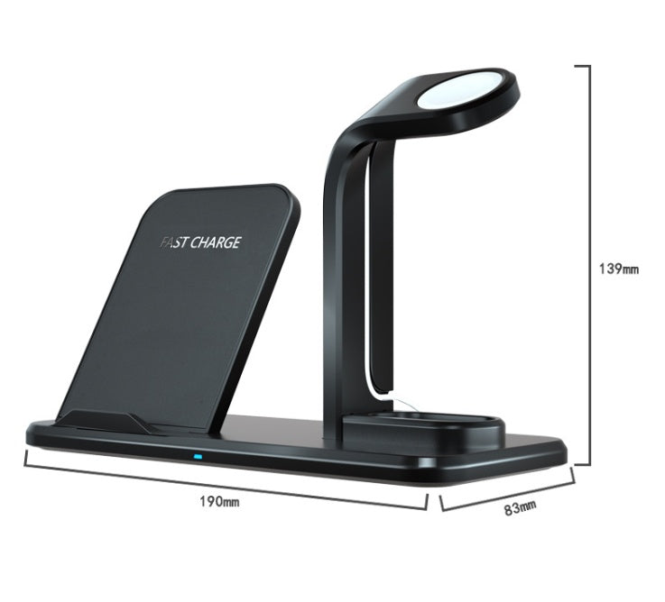 Black wireless charger bracket with fast 10W charging pad and earbuds stand measuring 190x83x139mm