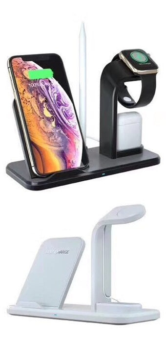 Black and white wireless charger stand with 10W fast charging pad for phone, watch, earbuds