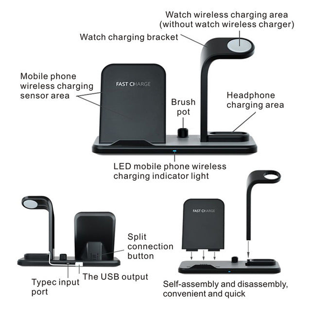 Black wireless charger bracket with fast 10W charging pad, earbuds stand, phone charging sensor, and watch charging area