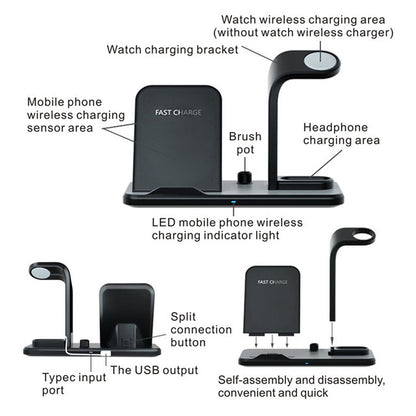 Black wireless charger bracket with fast 10W charging pad, earbuds stand, phone charging sensor, and watch charging area