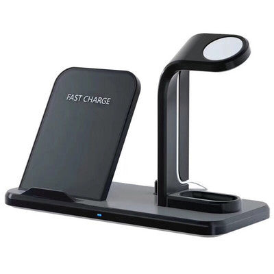 Black wireless charger bracket with 10W fast charging pad and earbuds stand multi-device dock