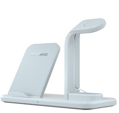 White fast charge wireless charging dock with phone stand, earbuds holder, and multi-device charging pad