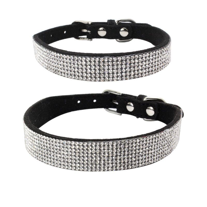 Black adjustable dog collar with multiple rows of sparkling rhinestones, durable velvet material