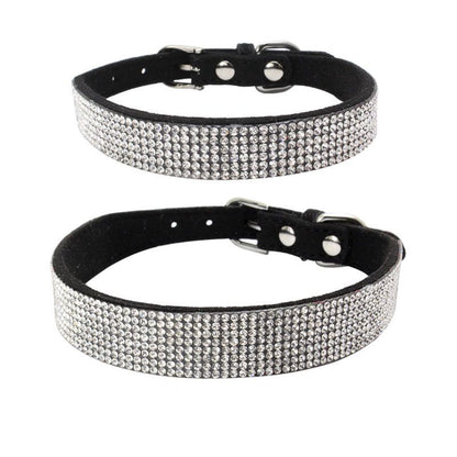 Black adjustable dog collar with multiple rows of sparkling rhinestones, durable velvet material