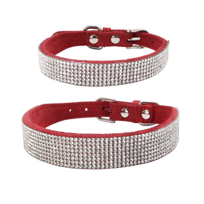 Adjustable red velvet dog collar with rows of sparkling rhinestones and silver buckle