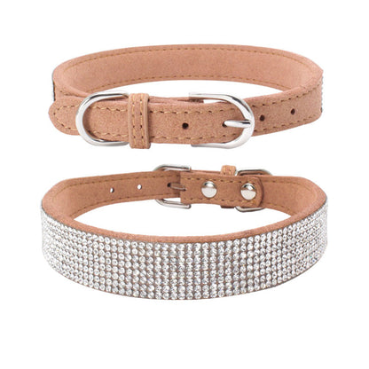 Adjustable tan velvet dog collar with silver rhinestone detailing and metal buckle