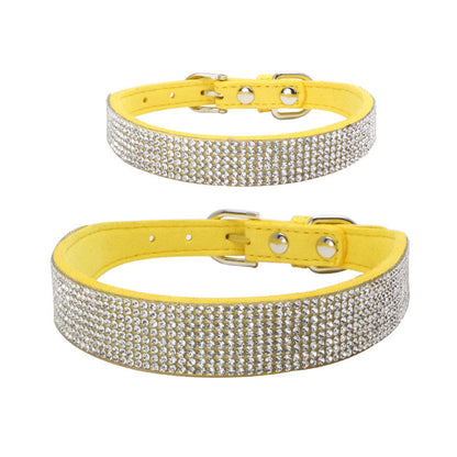 Adjustable yellow velvet dog collars with sparkling rhinestone crystals and silver buckles