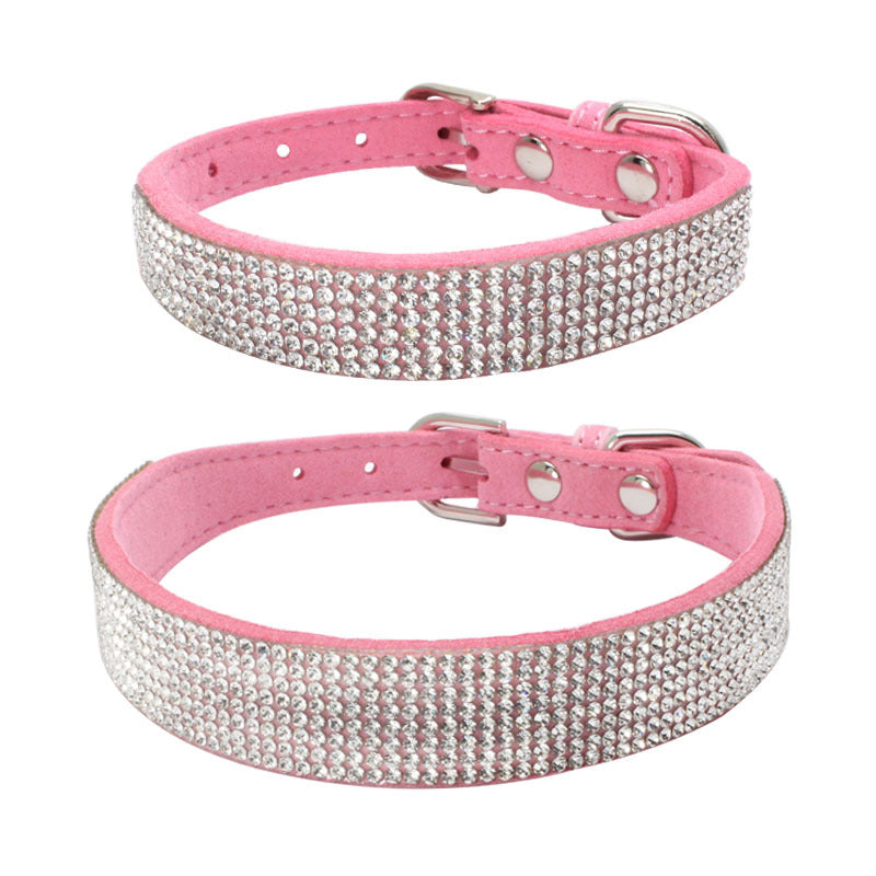 Adjustable pink velvet dog collar with rows of sparkling rhinestones and metal buckle