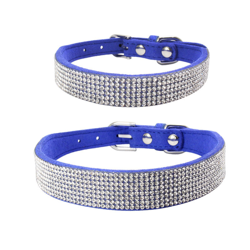 Adjustable blue velvet dog collar with sparkling rhinestone crystals and silver buckle