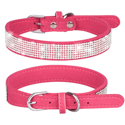 Adjustable pink velvet dog collar with sparkling rhinestone crystals and silver buckle