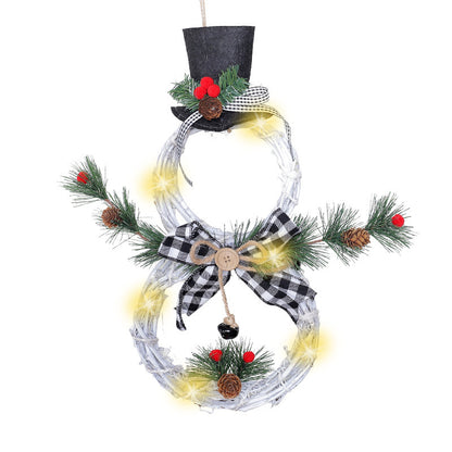 White LED snowman wreath with black top hat, checkered bow, pine cones, red berries, and green pine needles