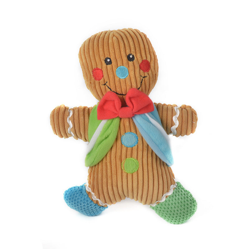 Plush gingerbread man dog toy with corduroy texture, colorful bow, and soft fabric details