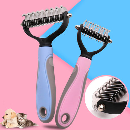Blue and pink double-sided pet deshedding combs with comfortable grip on pink and blue background
