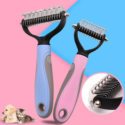 Blue and pink double-sided pet deshedding combs with comfortable grip on pink and blue background