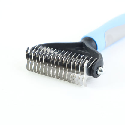 Close-up of blue and black double-sided pet shedding comb with stainless steel blades and ergonomic handle