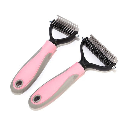 Two pink and gray double-sided pet de-shedding combs with metal blades and ergonomic handles