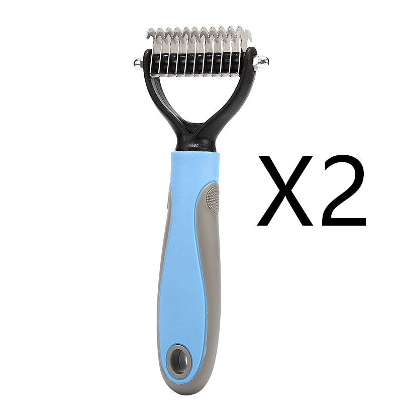 Blue and gray pet deshedding comb with stainless steel double-sided blades and comfortable grip, set of 2