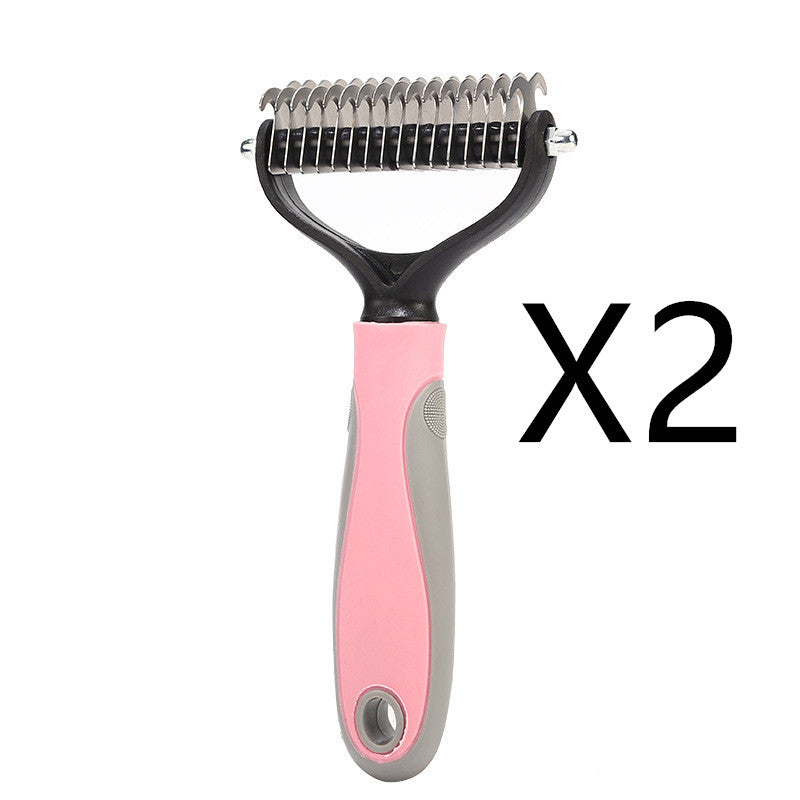 Double-sided pet deshedding comb with pink and gray comfortable grip handle, set of 2