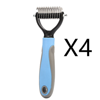 Blue and gray pet deshedding comb with a comfortable grip and double-sided metal blades, set of 4
