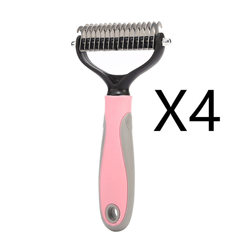 Double-sided pet deshedding comb with pink and gray ergonomic handle, metal blades, pack of 4
