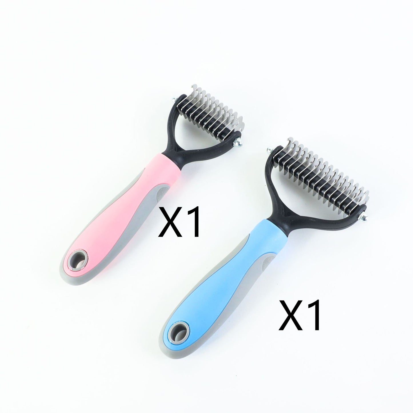 Two double-sided pet deshedding combs with comfortable grip handles in pink and blue