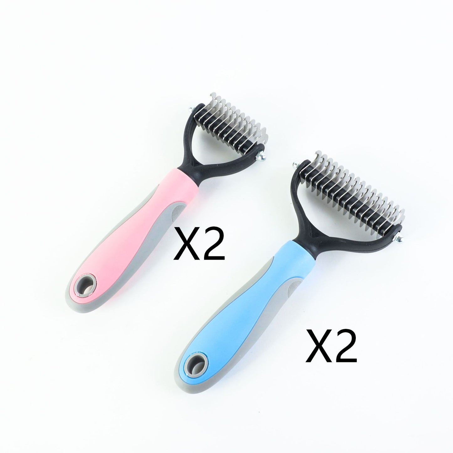 Set of double-sided pet deshedding combs with comfortable grip in pink and blue handles, 2pcs each