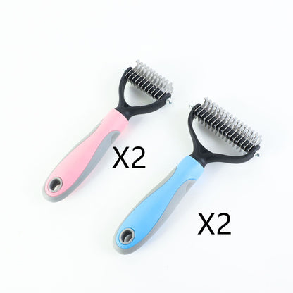 Set of double-sided pet deshedding combs with comfortable grip in pink and blue handles, 2pcs each