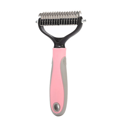 Double-sided pink and gray pet deshedding comb with stainless steel blades and comfortable grip