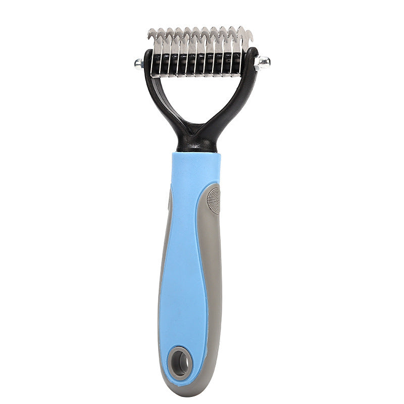 Blue and gray pet deshedding comb with stainless steel double-sided blades and ergonomic handle