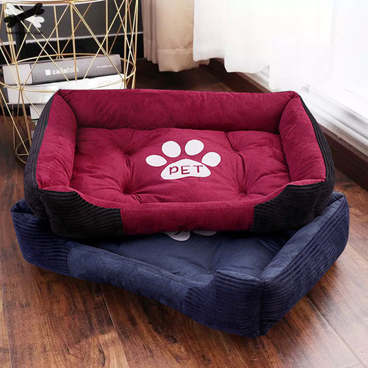 Stacked cozy pet beds in burgundy and navy blue with paw print design, soft plush dog cat mats