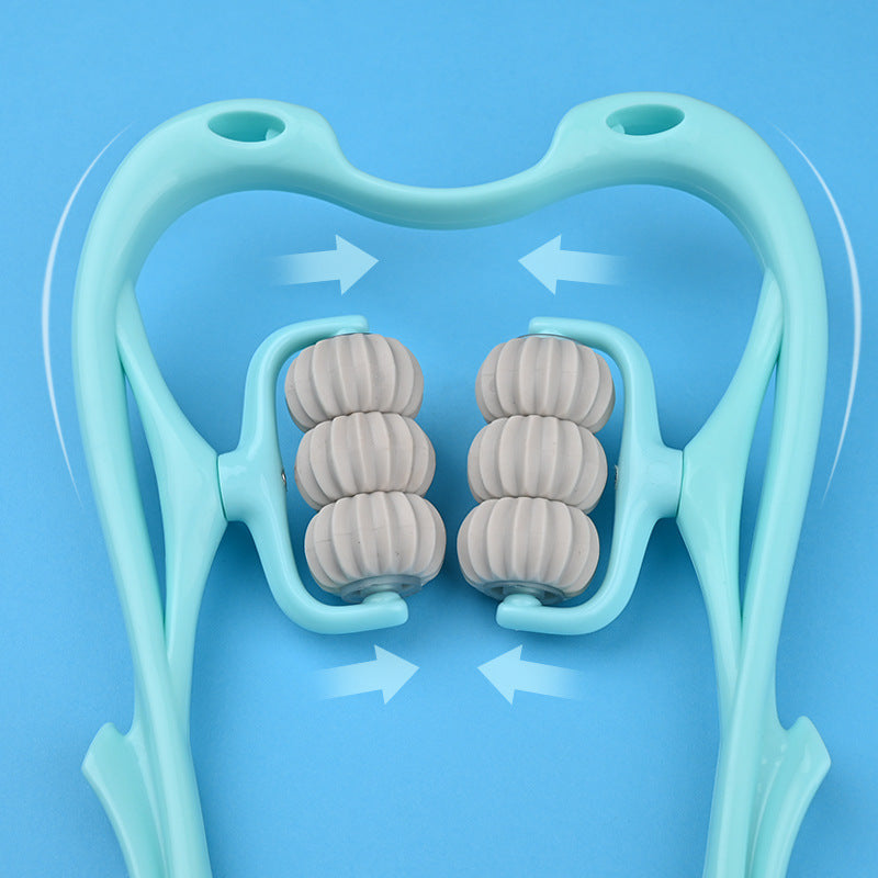 Blue manual neck massager with six gray deep tissue rolling nodes and ergonomic handles