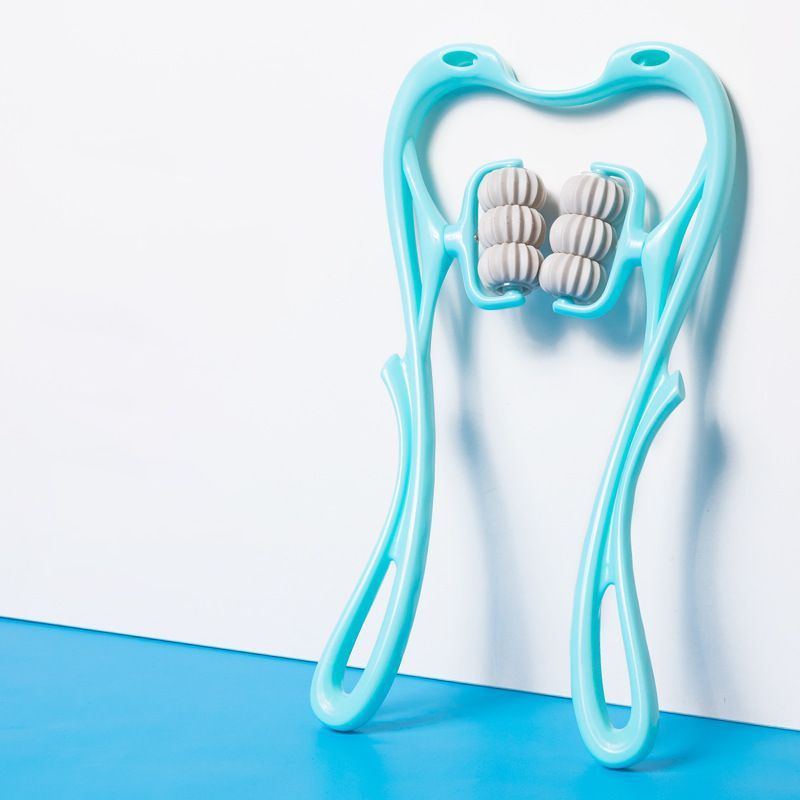 Blue roller neck massager with adjustable intensity and deep tissue relief rollers