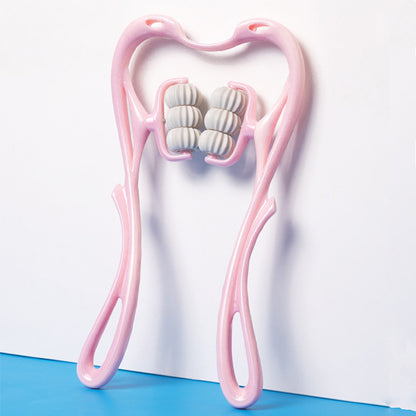 Pink handheld roller neck massager with six white textured massage rollers for deep tissue relief