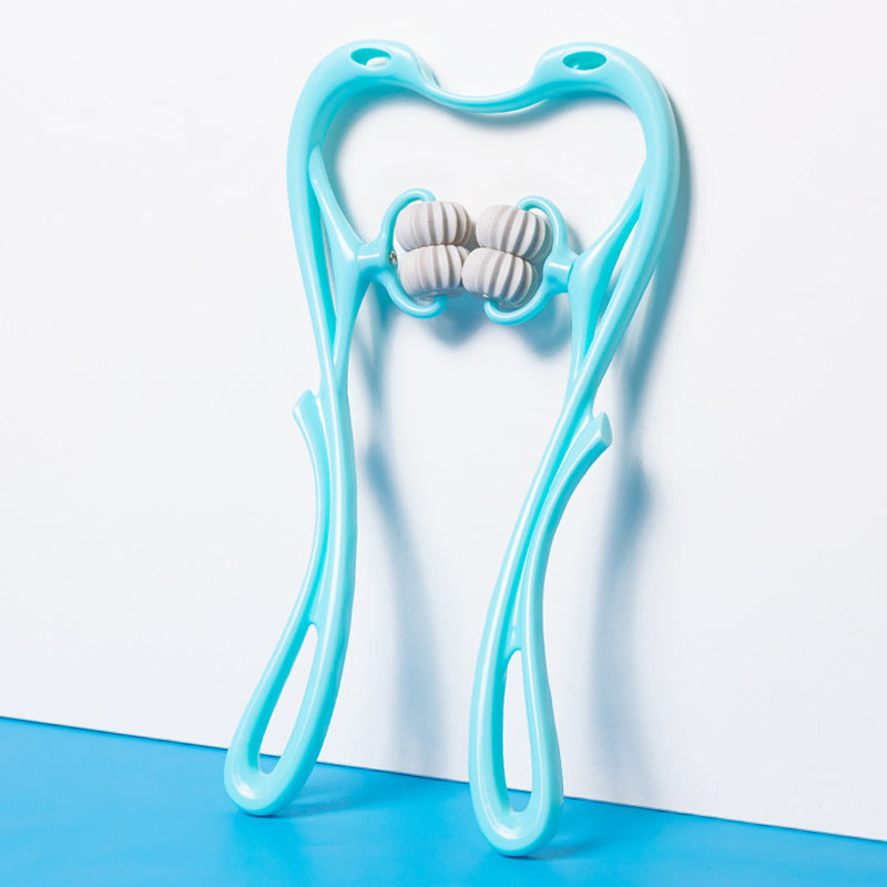 Light blue handheld roller neck massager with four textured white massage rollers on blue surface