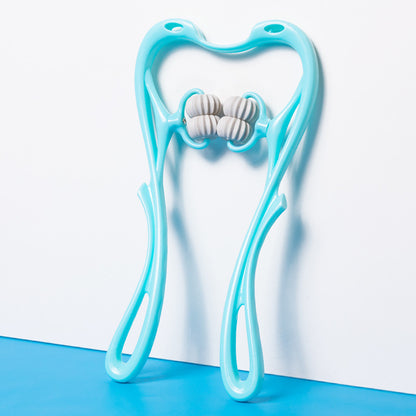 Light blue handheld roller neck massager with four textured white massage rollers on blue surface