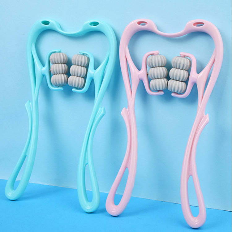 Two handheld neck massagers in blue and pink with adjustable roller wheels on a blue background