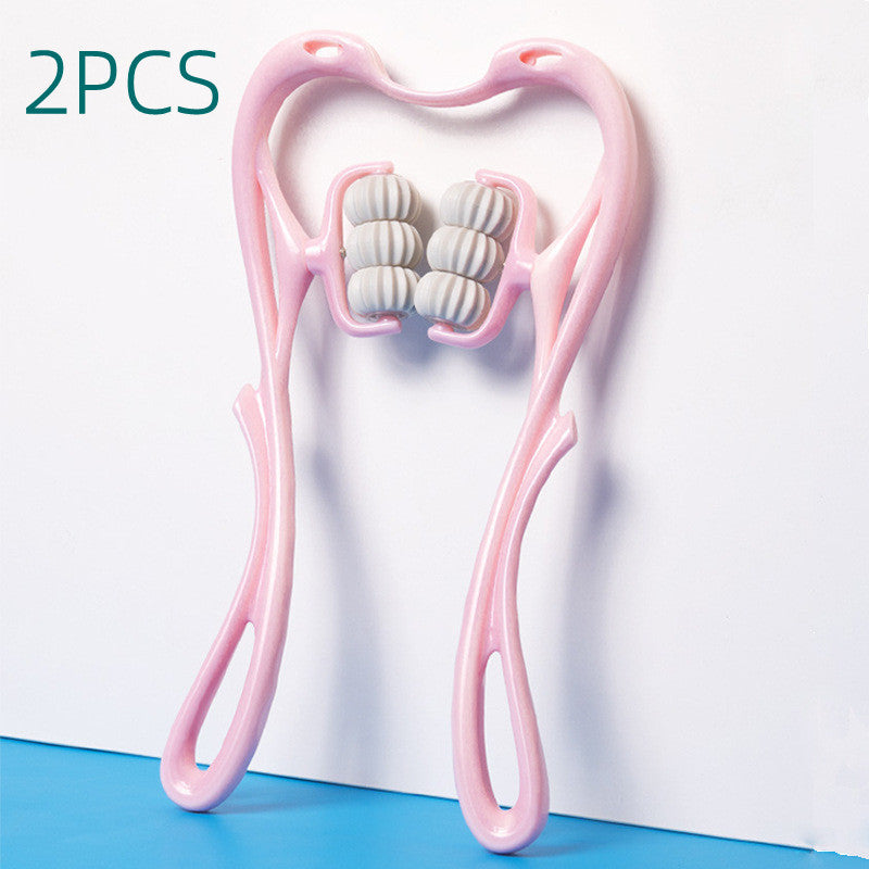 Pink dual-handle roller neck massager with white textured rollers on a white and blue background, 2 pieces
