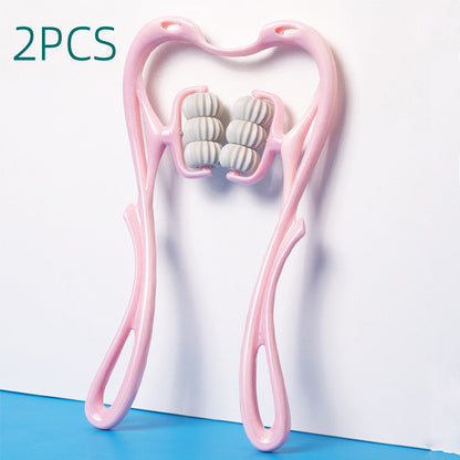 Pink dual-handle roller neck massager with white textured rollers on a white and blue background, 2 pieces