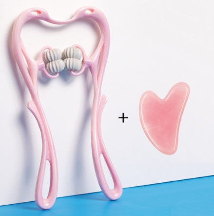 Pink roller neck massager with adjustable deep tissue rollers and a pink gua sha tool on white and blue background