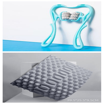 Blue neck roller massager with adjustable intensity and textured gray massage pillow