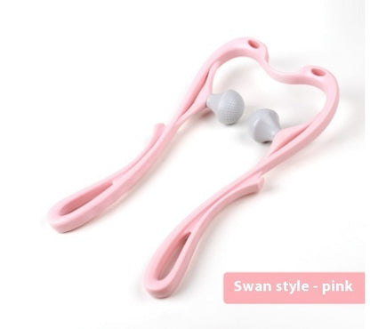 Pink Swan style roller neck massager with two grey massage balls on white background