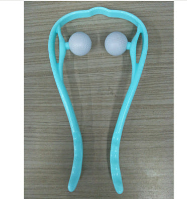 Blue handheld roller neck massager with two white textured massage balls on wooden surface