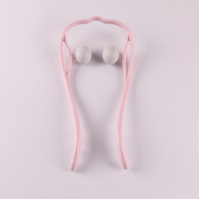 Pink roller neck massager with white textured massage balls on a light background