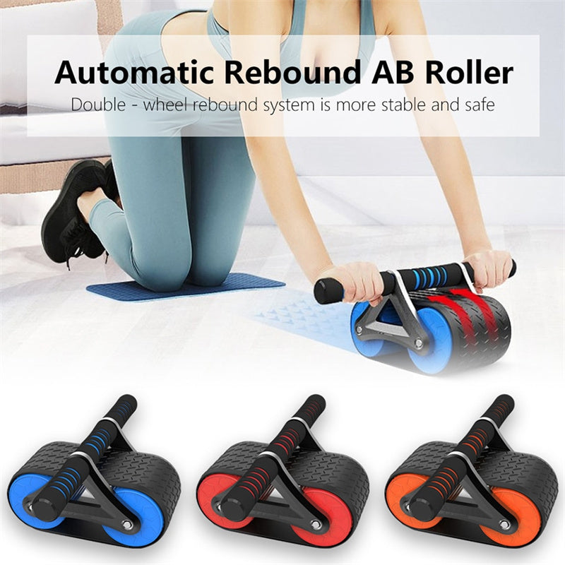 Woman using blue automatic rebound ab roller for core training on home gym floor