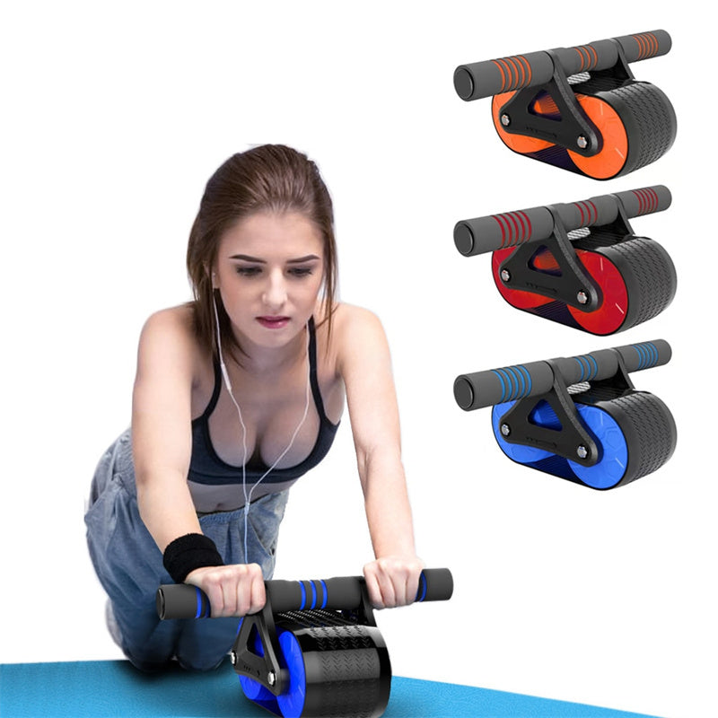 Woman using blue ab roller wheel on exercise mat with three color options for core training equipment