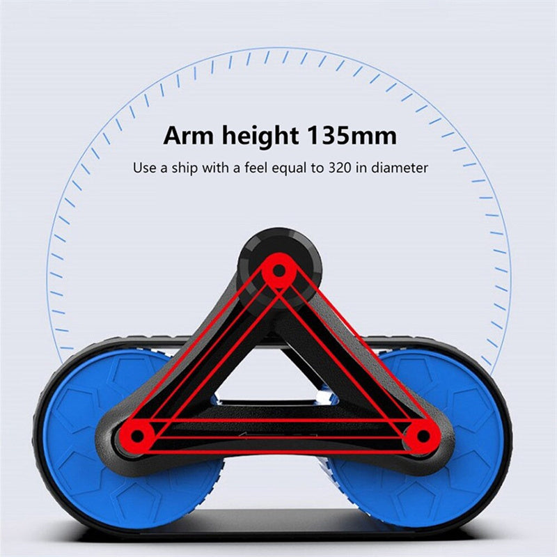 Blue ab roller wheel with black triangular frame and red lines, fitness core trainer with arm height 135mm