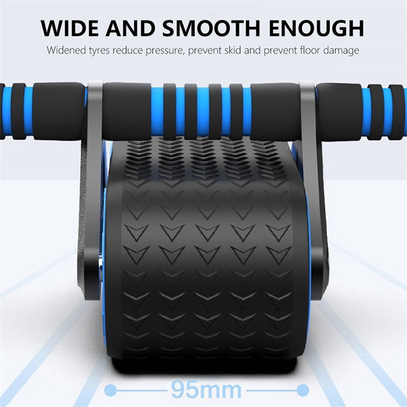 Close-up of blue and black ab roller wheel with wide textured tire and foam grip handles