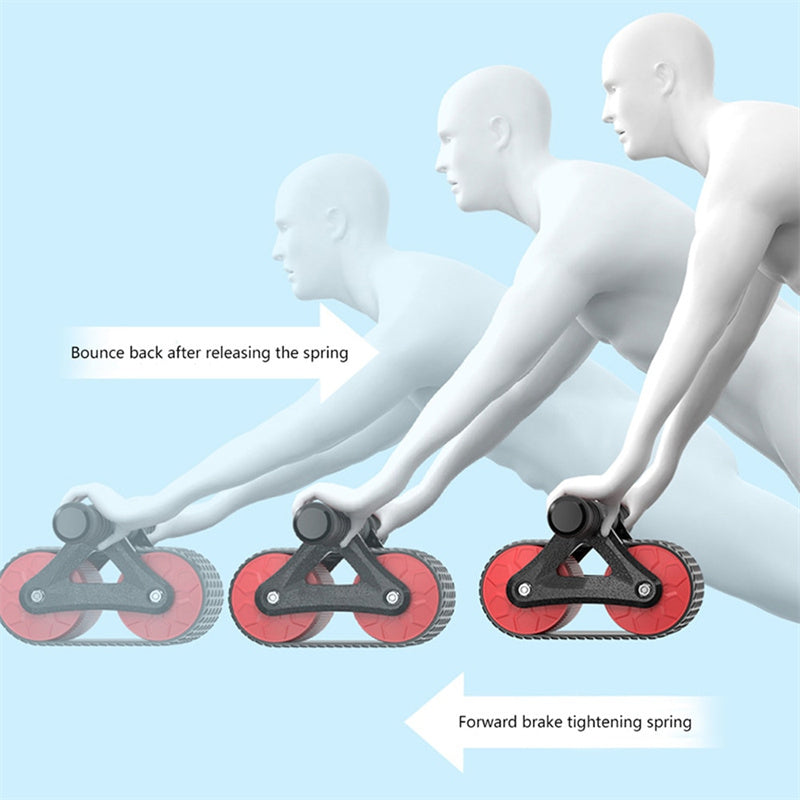 Diagram showing use of a red and black ab roller wheel with spring tension and bounce back feature for core training