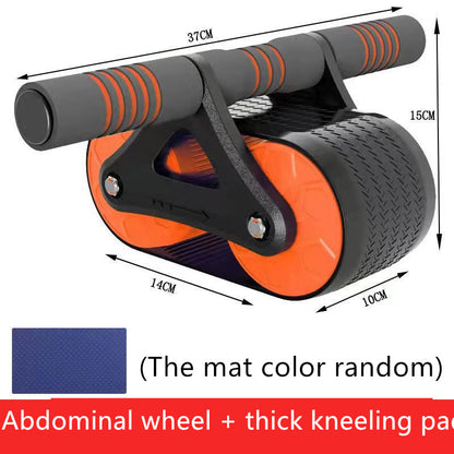Double wheel abdominal roller with foam handles and rubber tire texture for core workout